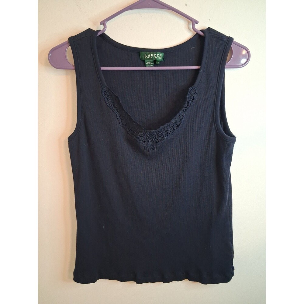 Lauren Ralph Lauren Tank Top Womens Large Navy Blue Lace Trim Y2K Vampy 90s
